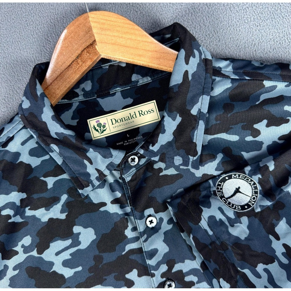 Donald Ross Polo Shirt Large Blue Black Camo The Medallion Club Performance Golf